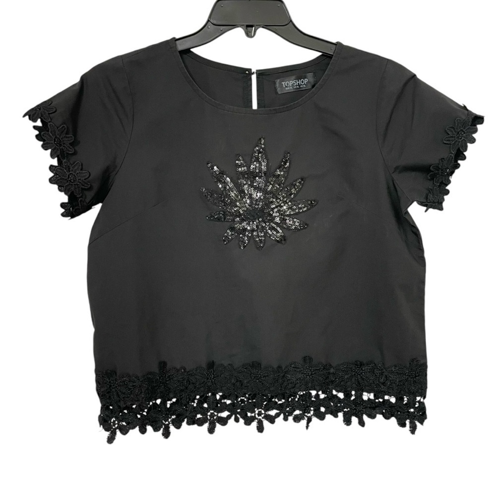 Topshop Black Sequin and Lace Crop Top Size XL